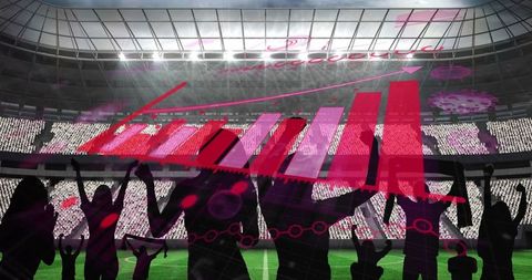 Pandemic Statistics Overlay in Sporting Arena with Cheering Fans Silhouette