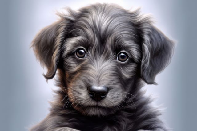 Portrait of cute grey puppy with dark eyes, blue background, created using generative ai technology. Dogs, domestic animals and pets concept digitally generated image.