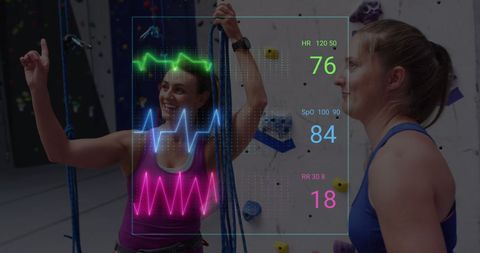 Active Women Climbing with Heart Rate Monitors in Gym