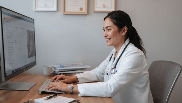 Smiling female physician typing on computer with stethoscope reviewing patient records