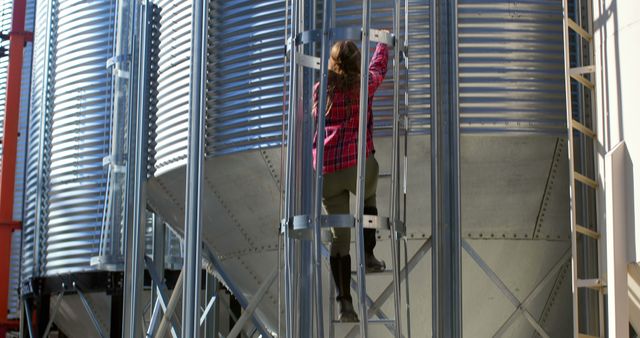 Worker in plaid shirt and safety gear climbing a metal ladder attached to a large grain silo in an agricultural facility. Useful for illustrating agriculture, farm work, grain storage operations, rural industry, safety practices, and hardworking occupations. Could be used in articles about farming processes, safety protocols in industrial settings, or to depict rural labor.