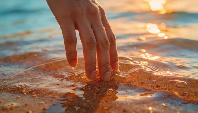 Fingertip touching sunlit shore water during golden hour with gentle ripples
