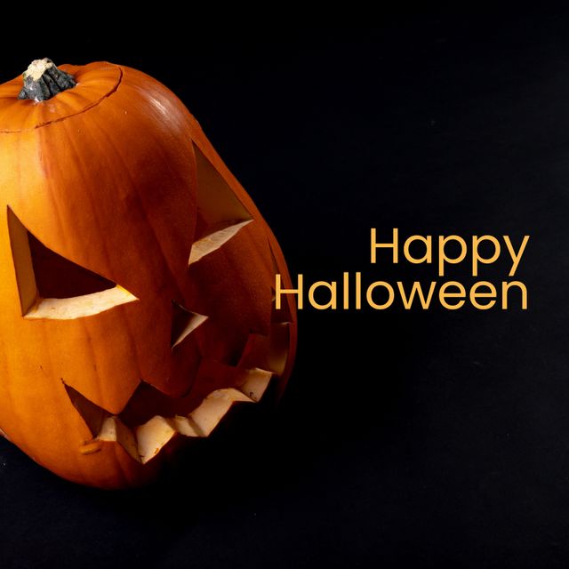 Carved Jack-o'-Lantern with Happy Halloween Text on Black Background - Download Free Stock Templates Pikwizard.com