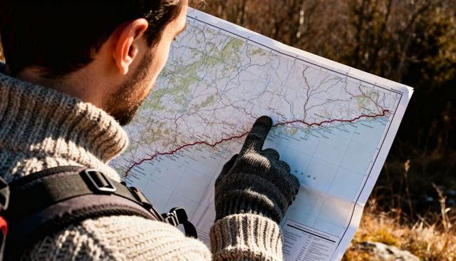 Hiker pointing at red coastal route on topographic map while navigating autumn trail