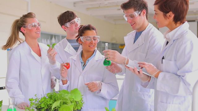 A group of young biology students wearing lab coats and safety goggles are working in a laboratory. They are discussing and conducting experiments with plants and test tubes while one holds a tomato and another uses a tablet PC. This energetic and collaborative atmosphere highlights teamwork in a scientific setting. Useful for educational resources, promoting STEM learning, science programs, and student group projects.