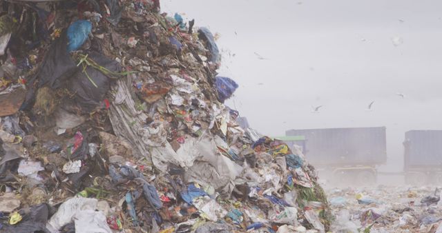 General view of landfill with piles of litter, seagulls and dump trucks. Landfill, waste, pollution and environment.