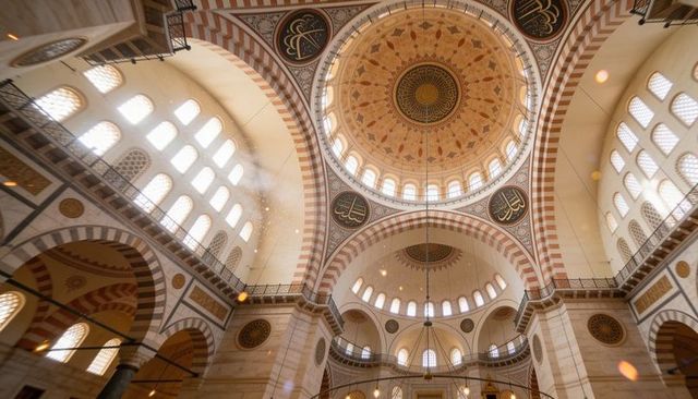 Ornate ottoman-style mosque interior showcasing golden central dome, calligraphy, arches and chandel