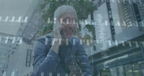 Senior executive talking on smartphone with financial charts overlay in urban environment