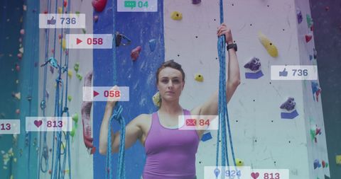 Woman climbing indoor wall surrounded by social media likes