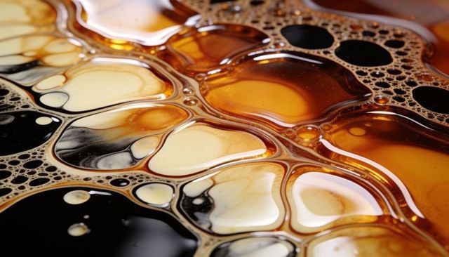 Macro liquid cells forming glossy amber, creamy and dark pools with reflective bubble mesh