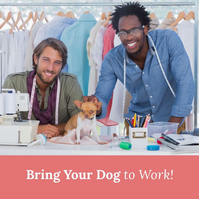 Portrait of smiling biracial male tailors with chihuahua and bring your dog to work text at boutique. digital composite, friendship, loyalty and bonding concept.