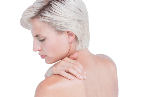 Transparent Woman Touching Neck Highlighting Discomfort