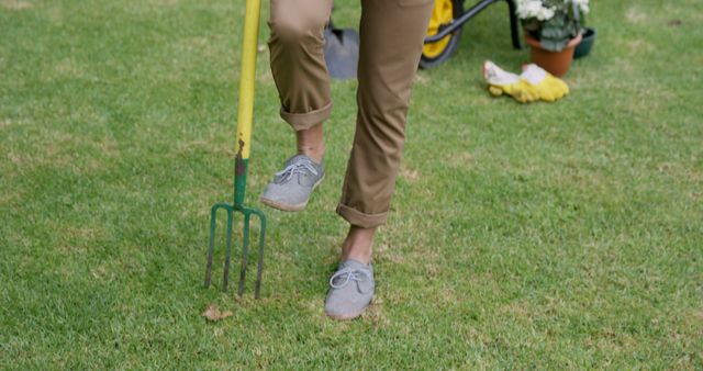 Gardener Digging Yard with Pitchfork on Green Lawn - Download Free Stock Images Pikwizard.com