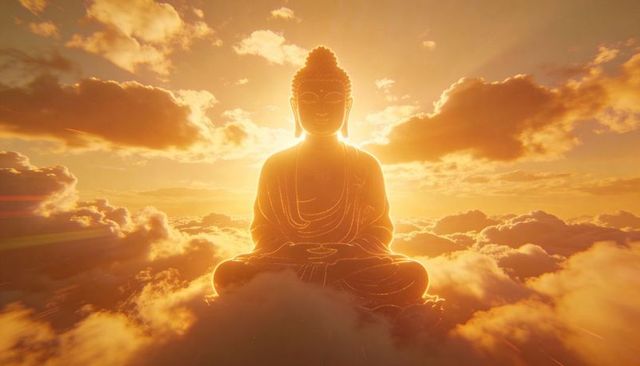 Golden buddha floating above clouds at sunrise with radiant halo