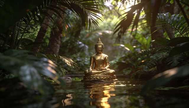 Gilded buddha meditating in tropical pond with sunlit palm fronds and reflective water