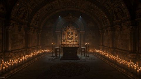 Masonic mystical stone chamber with illuminated altar and emblem