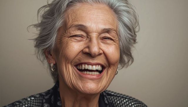 Laughing senior woman smiling with warm expression closeup portrait headshot
