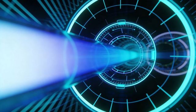 Glowing cyan energy beam streaming through futuristic hud tunnel with neon grid