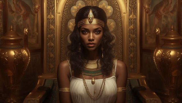 Regal woman in ornate throne room wearing gold jewelry