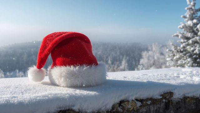 Red Santa Hat on Snowy Ledge Overlooking Frosted Valley with Evergreen Forest and Blue Sky