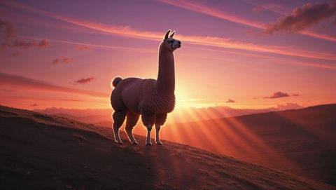 Majestic brown llama at sunset on hillside silhouette with mountain view