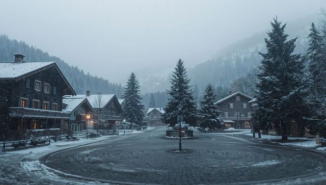 Snowing Alpine Village Roundabout Anchoring Central Evergreen Tree and Glowing Wooden Chalets