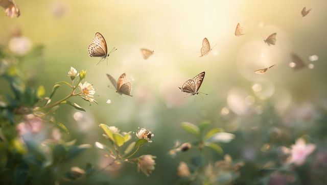 Butterflies dancing over sunlit wildflowers and blurred bokeh background at golden hour