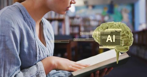 Woman delving into ai concepts in a library setting