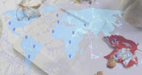 Translucent world map overlay on workspace with digital network lines and location pins