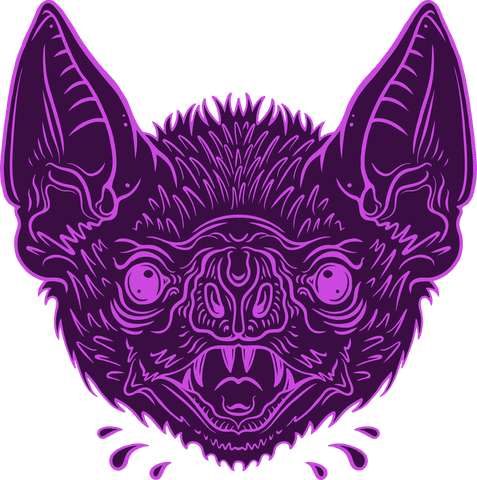 Purple bat head with pointed ears on transparent background