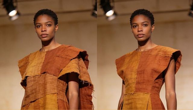 Female model wearing textured earth-tone patchwork dress on runway with warm beige backdrop