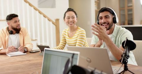 Diverse coworkers collaborating remote in casual meeting