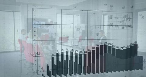 Showing translucent 3d bar chart over team collaborating in modern daylight office