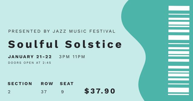 This template displays a ticket for the 'Soulful Solstice' jazz music festival with details like event date, time, and seating information, all set against a green background. Ideal for use in designing custom tickets for music, arts, or other entertainment events.
