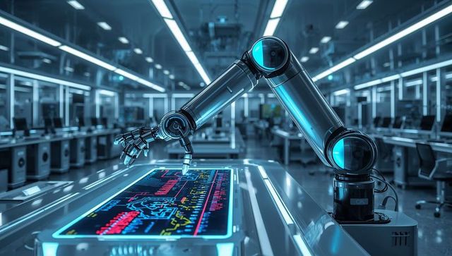 Futuristic Robotic Arm in High-Tech Lab Illuminating Data