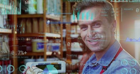 Smiling Baker Presenting Tablet with Sales Analytics and Data Visualization at Shop Counter