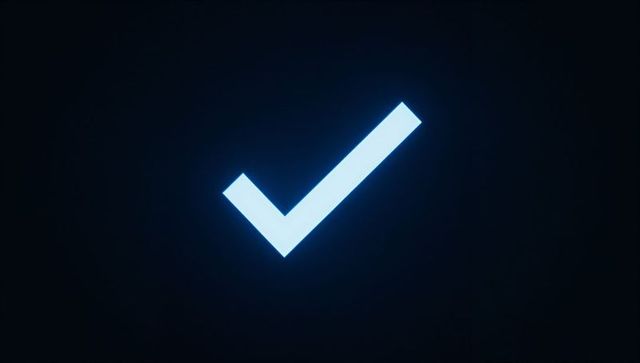Pulsing neon cyan checkmark on dark digital interface