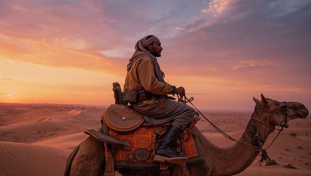 Nomadic traveler on camel at sunset in desert landscape