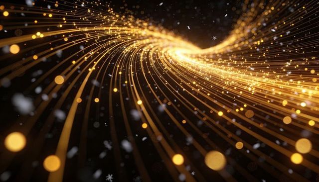 Flowing golden light tunnel with bokeh motion and sparkling particles