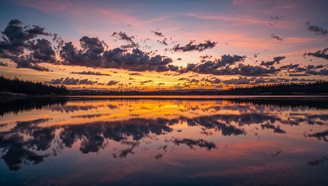 Vibrant Sunset Reflections on Serene Lake Waters
