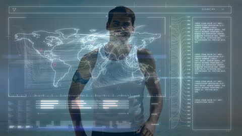 Digital Interface Displays World Map Over Smiling Man on Beach