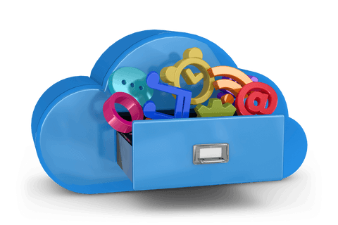 Cloud cabinet with colorful social media icons on transparent background