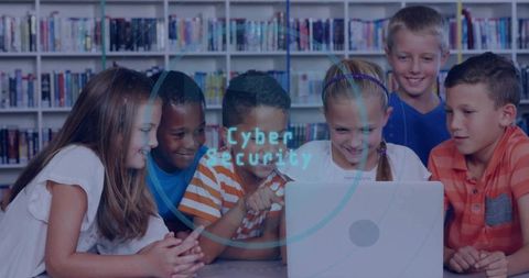 Kids Collaborating on Laptop with Cybersecurity Overlay in Library Teaching Digital Safety