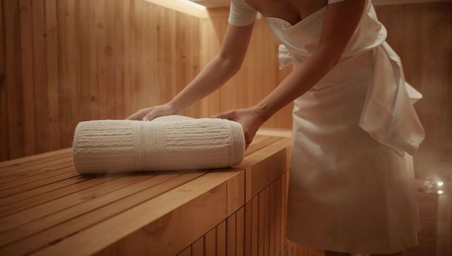 Spa therapist placing rolled towel on wooden bench in serene steam-filled wellness room