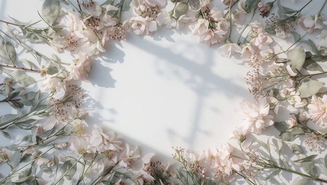 Pale pink blossom wreath with eucalyptus leaves casting window shadow, flat lay, pastel wedding card