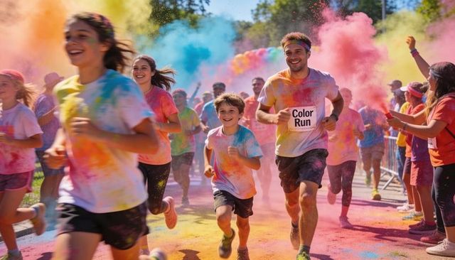 Color run family running through vibrant powder clouds celebrating fun, fitness, community