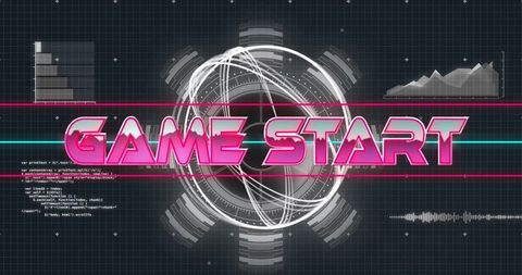 Neon game start overlay with digital data graphics