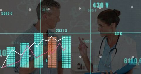 Doctor pointing while consulting patient, digital health analytics overlay showing charts