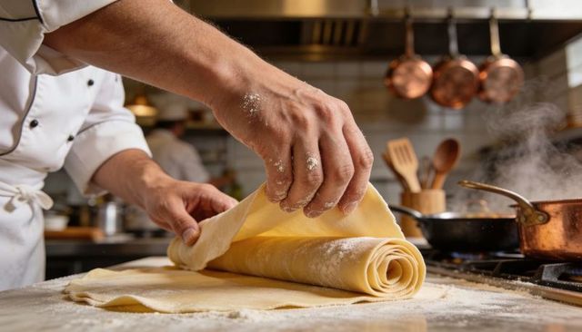 Chef rolling fresh pasta dough into spiral on floured wooden countertop in restaurant kitchen
