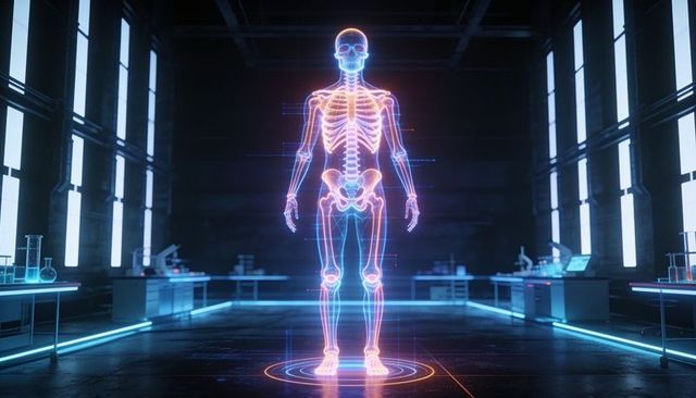 Projecting holographic neon skeleton in futuristic medical research lab